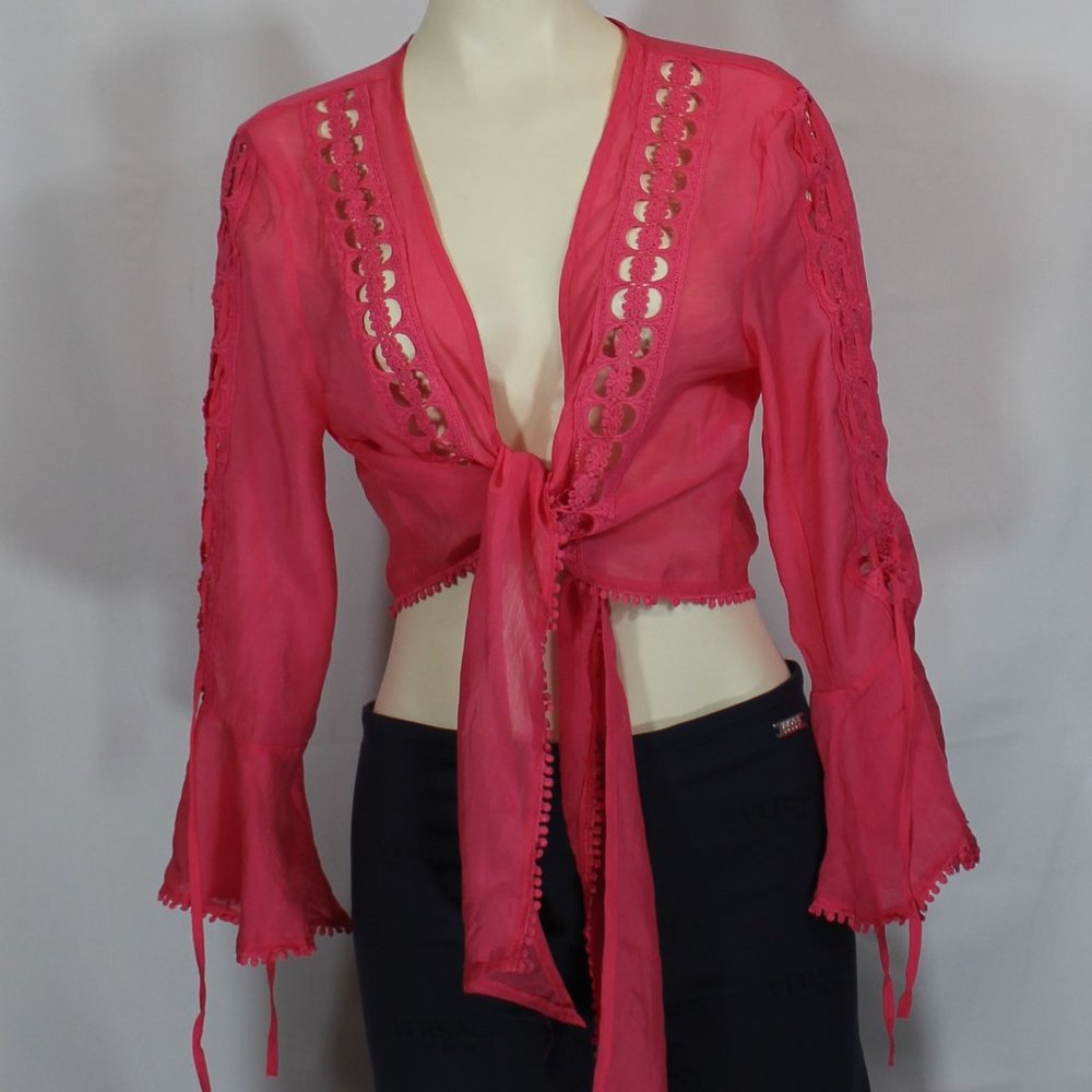 Elan - Crochet Stripe Cropped Tie Front Top boho style long sleeve - Red Medium